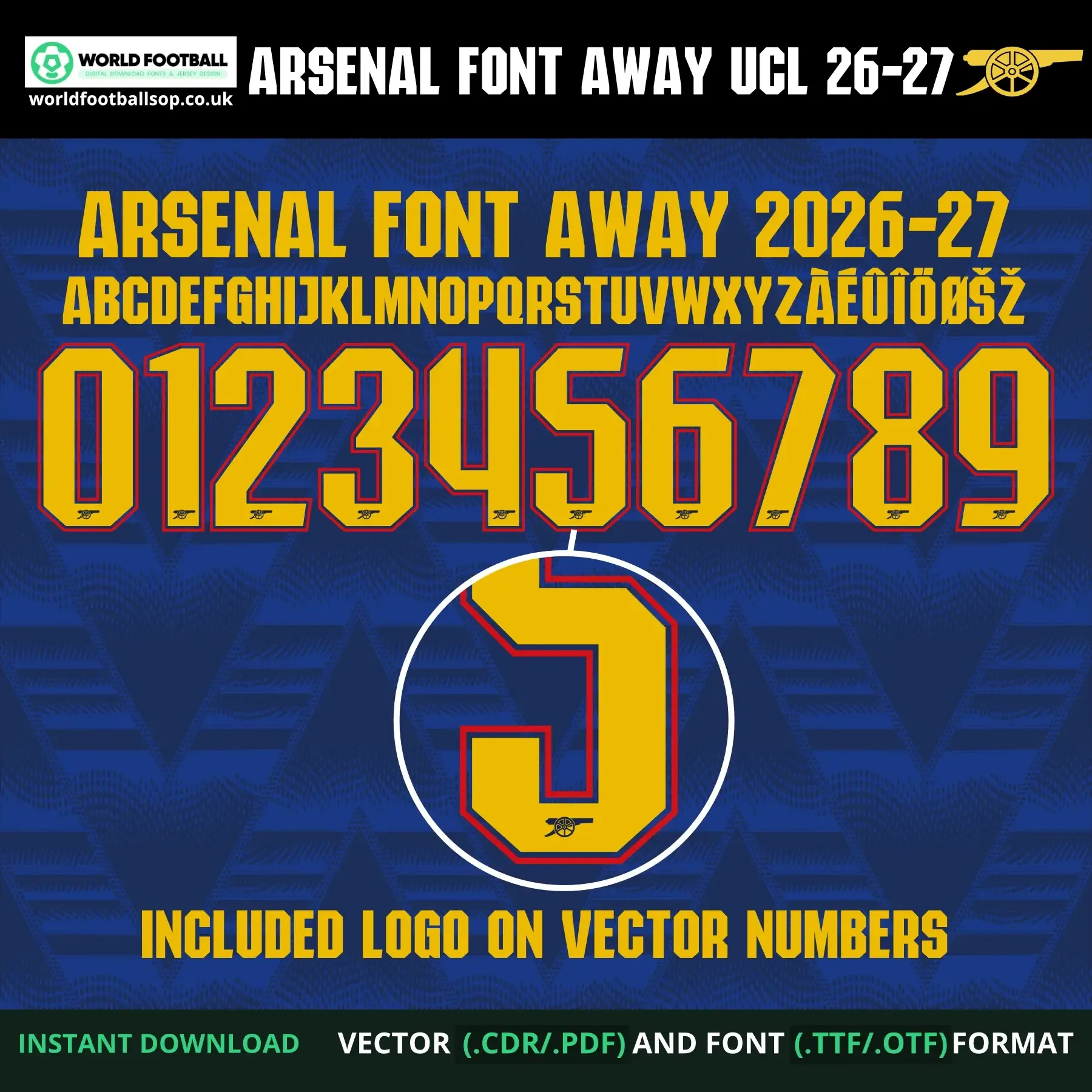 Arsenal Font Away UCL 2026-27 – full A–Z alphabet, numbers 0–9 and zoomed cannon logo detail on letter 5