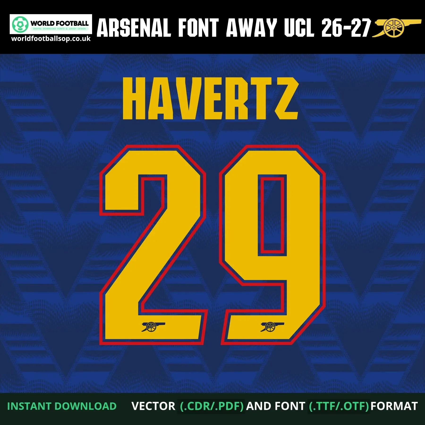 Arsenal Font Away UCL 2026-27 – Havertz 29 player name and number example on navy background