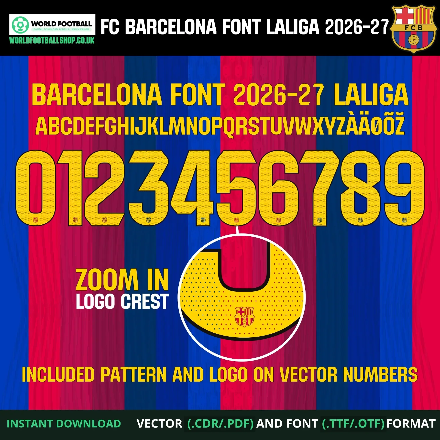 Barcelona football font vector LaLiga - full alphabet, numbers 0–9 and zoomed crest logo detail
