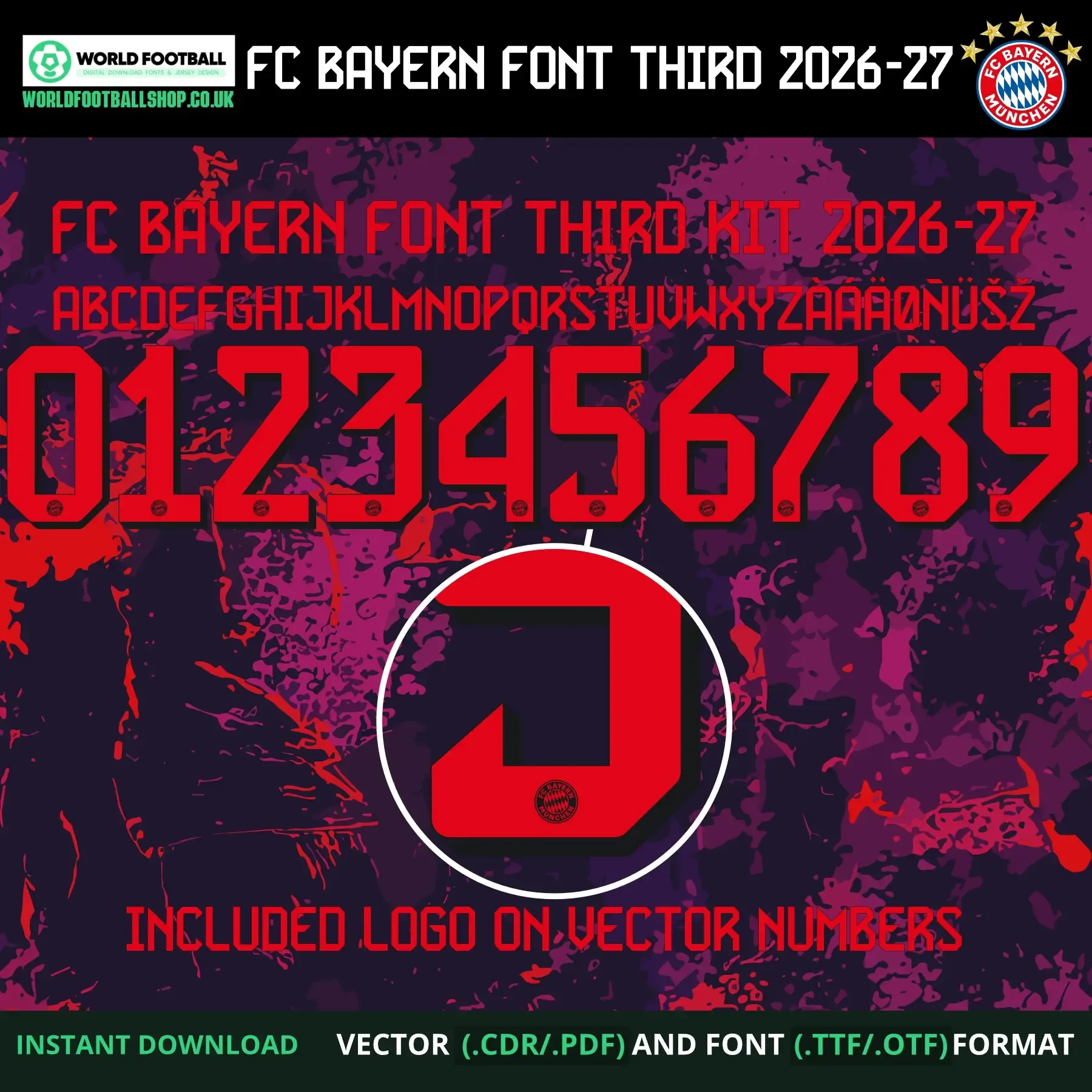 FC Bayern football font vector third - full alphabet, numbers 0–9 and zoomed crest logo detail on letter 5