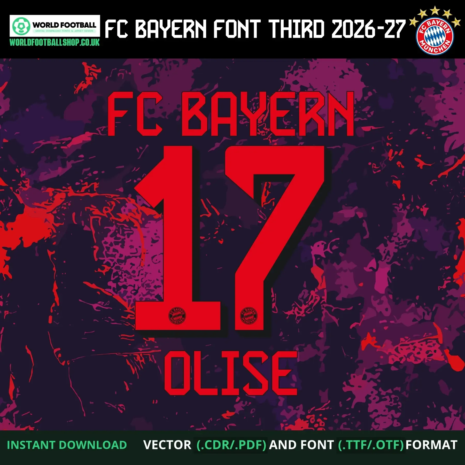 FC Bayern football font vector third - Olise 17 player name and number example on purple background
