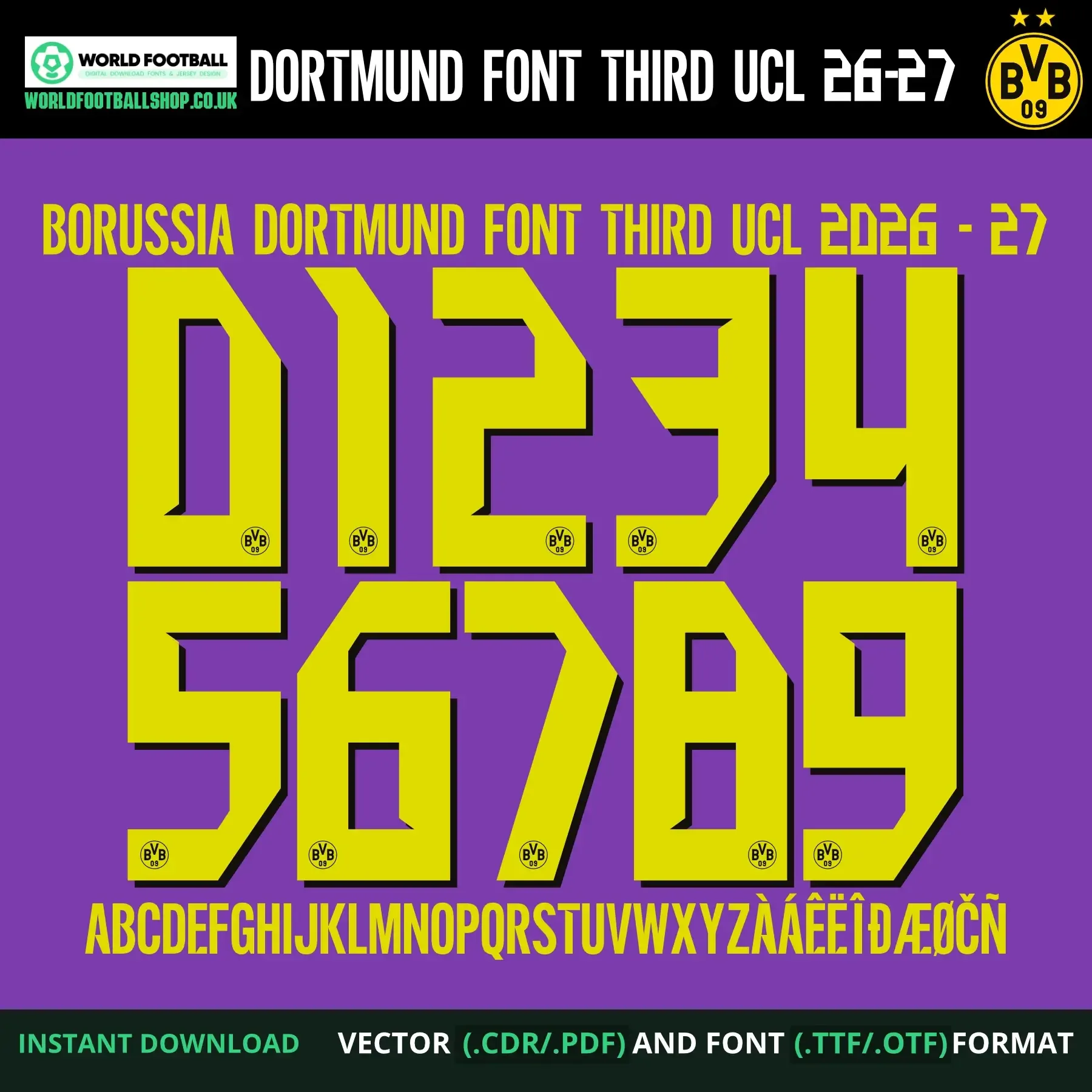 Borussia Dortmund Font Third UCL 2026-27 – numbers 0–9 and full alphabet on purple background with BVB crest