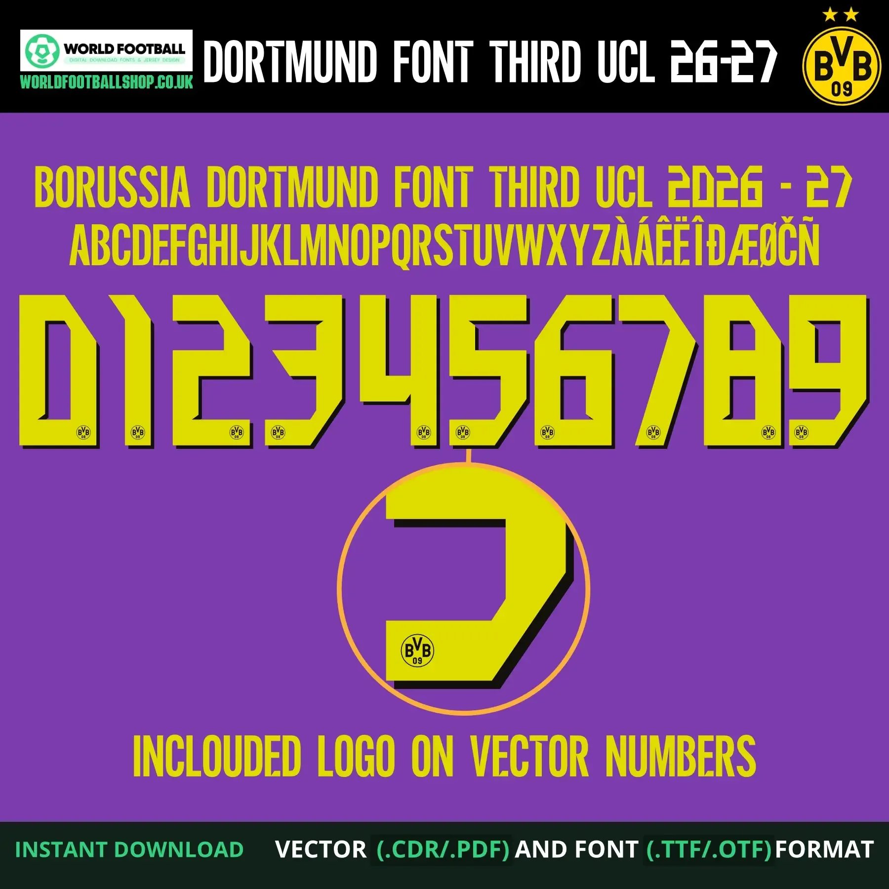 Borussia Dortmund Font Third UCL 2026-27 – full A–Z alphabet, numbers 0–9 and zoomed BVB crest logo detail