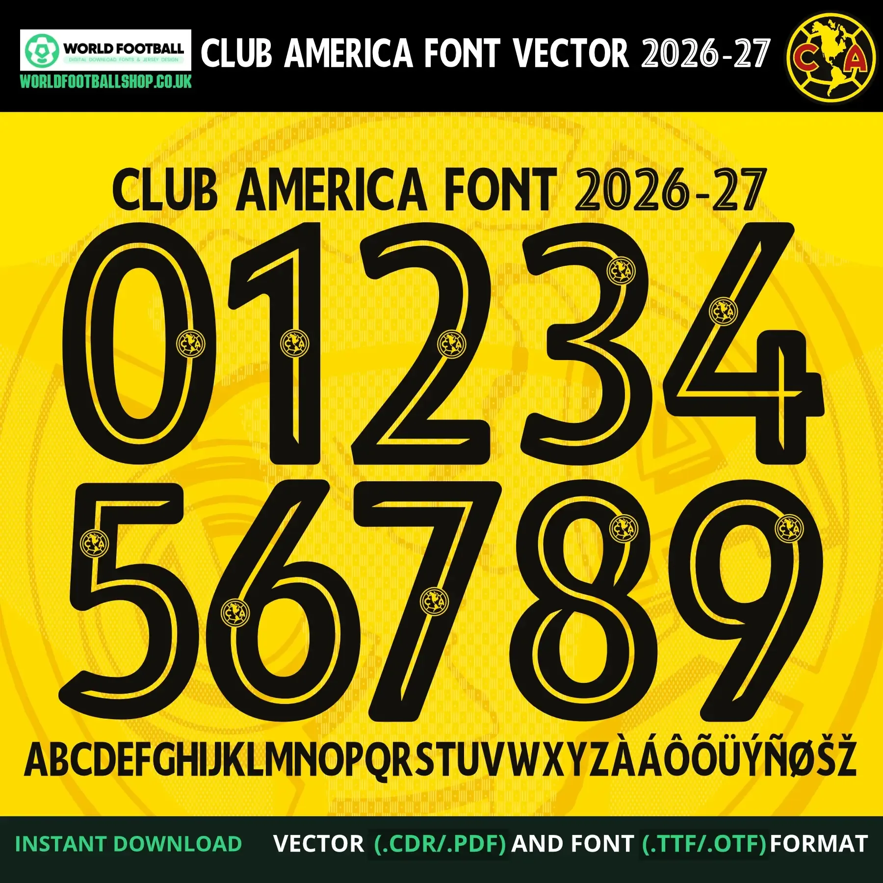 Club América Font Liga MX 2026-27 – numbers 0–9 and full alphabet in black on gold background