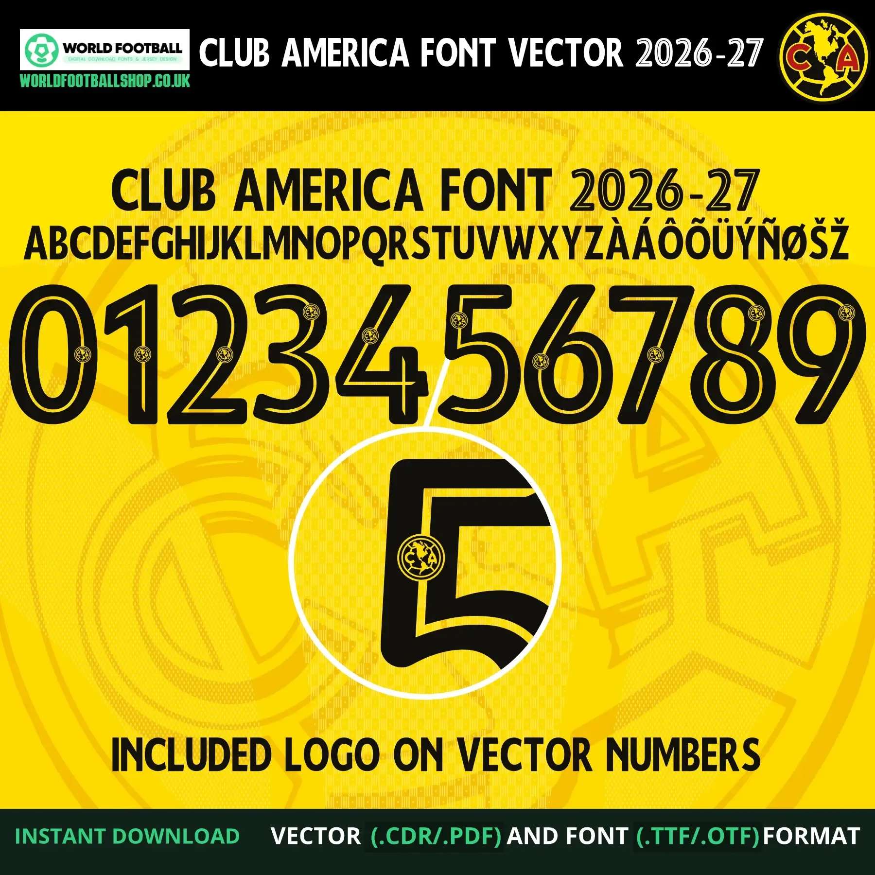 Club América Font Liga MX 2026-27 – full alphabet, numbers 0–9 and zoomed crest logo detail on letter 5