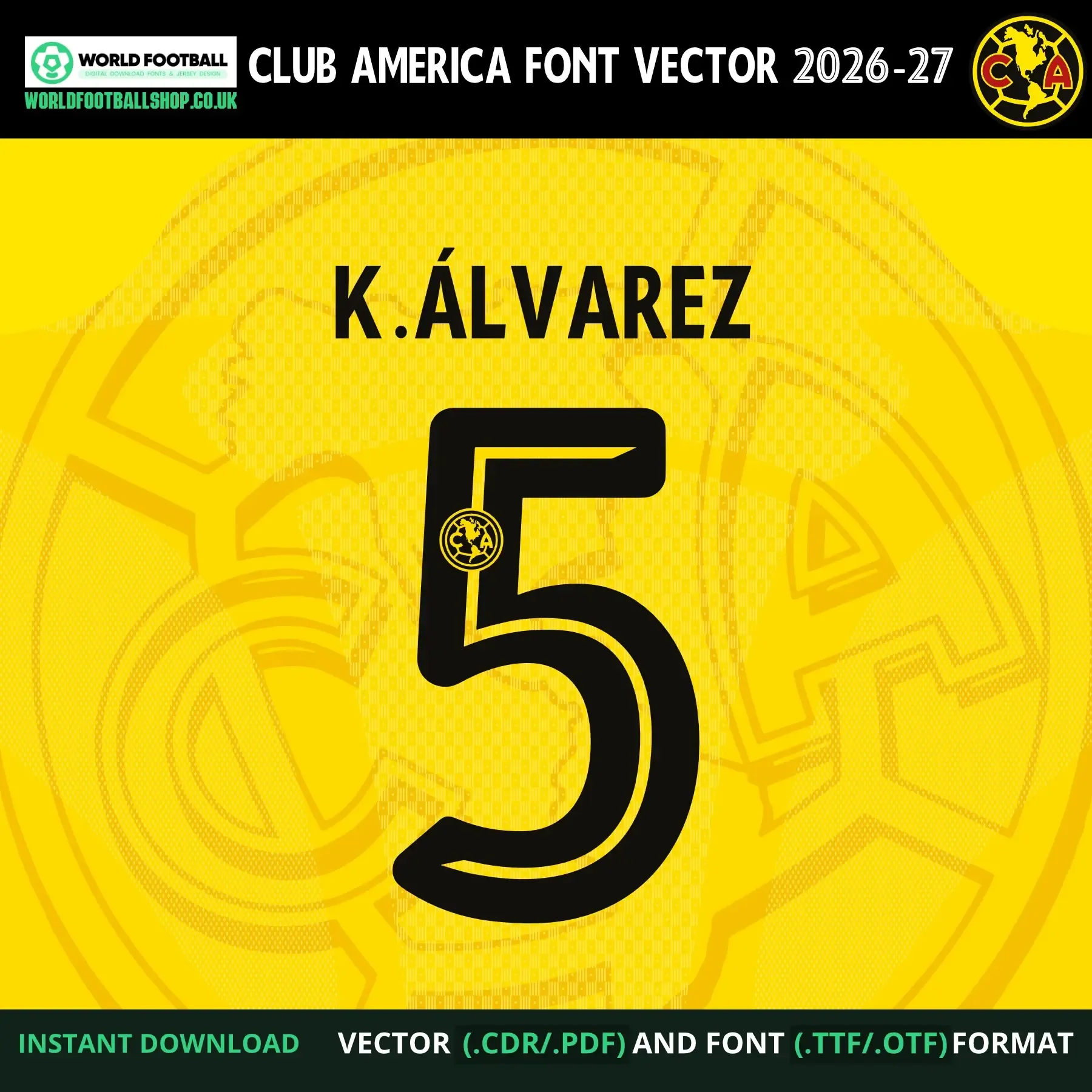 Club América Font Liga MX 2026-27 – K. Álvarez 5 player name and number example on gold background