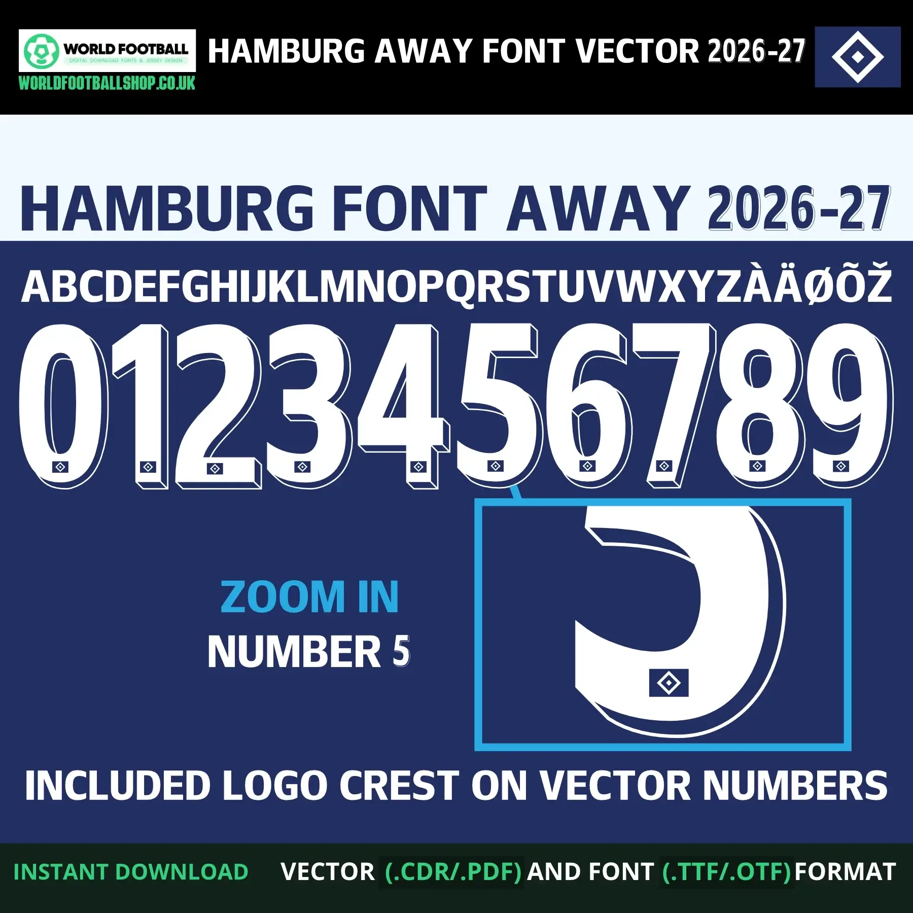Hamburg Away Font Vector 2026-27 - alphabet, numbers and zoomed crest detail on vector numbers