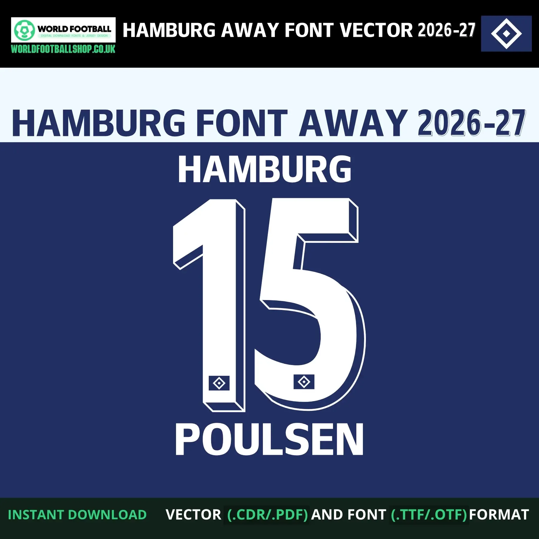 Hamburg Away Font Vector 2026-27 - Poulsen 15 player name and number in bold white lettering on navy background with crest