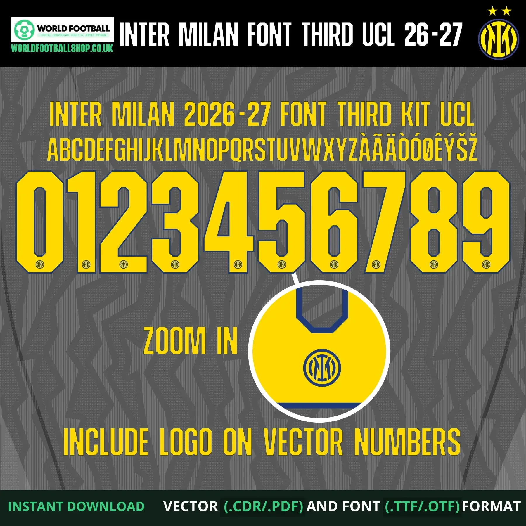 Inter Milan football font vector third - full alphabet, numbers 0–9 and zoomed crest logo detail on shirt collar