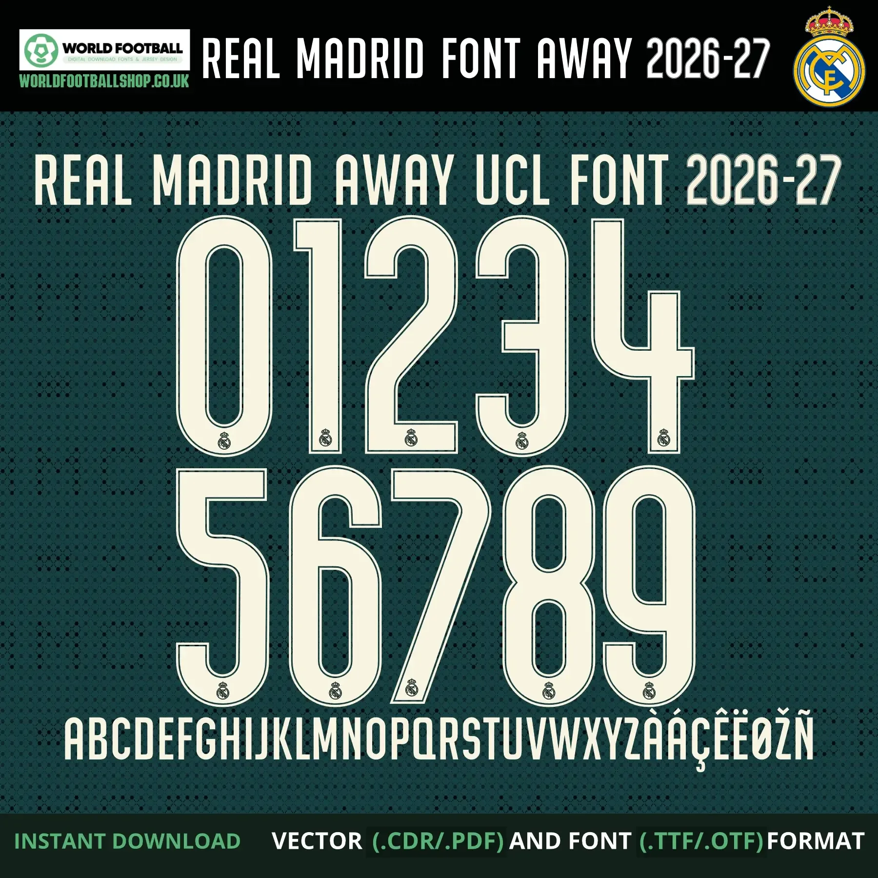 Real Madrid 2026-27 Football Font Vector Away UCL