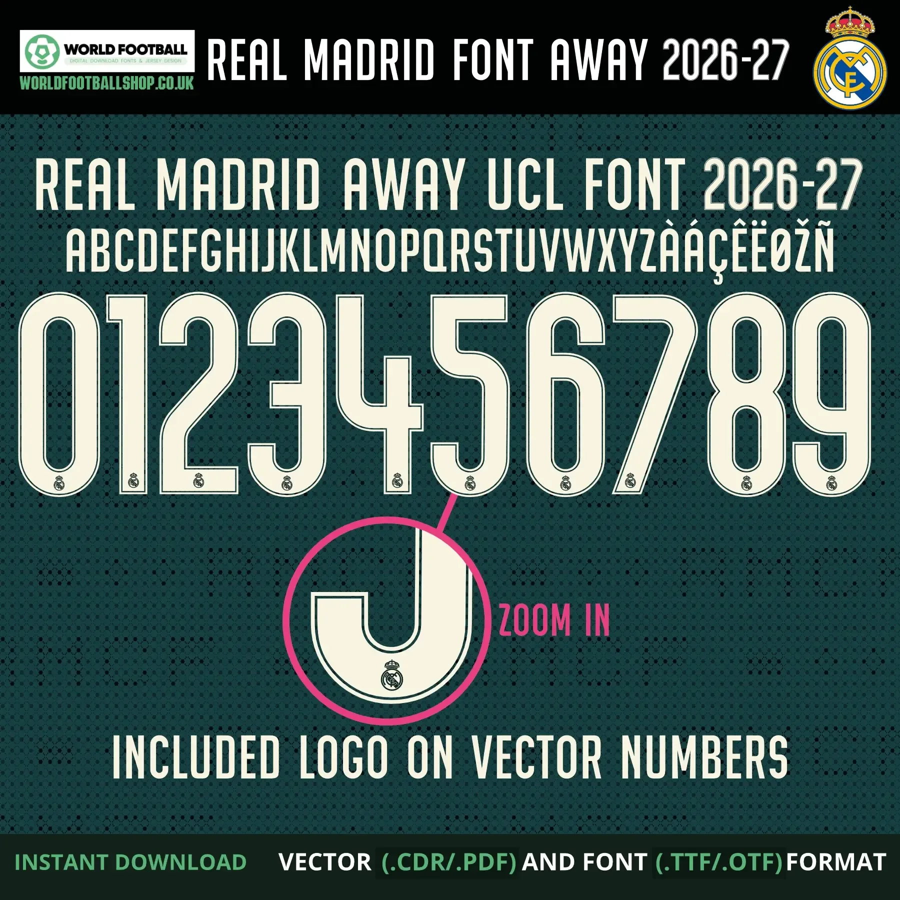 Real Madrid football font vector away - full alphabet, numbers 0–9 and zoomed crest logo detail on letter 5
