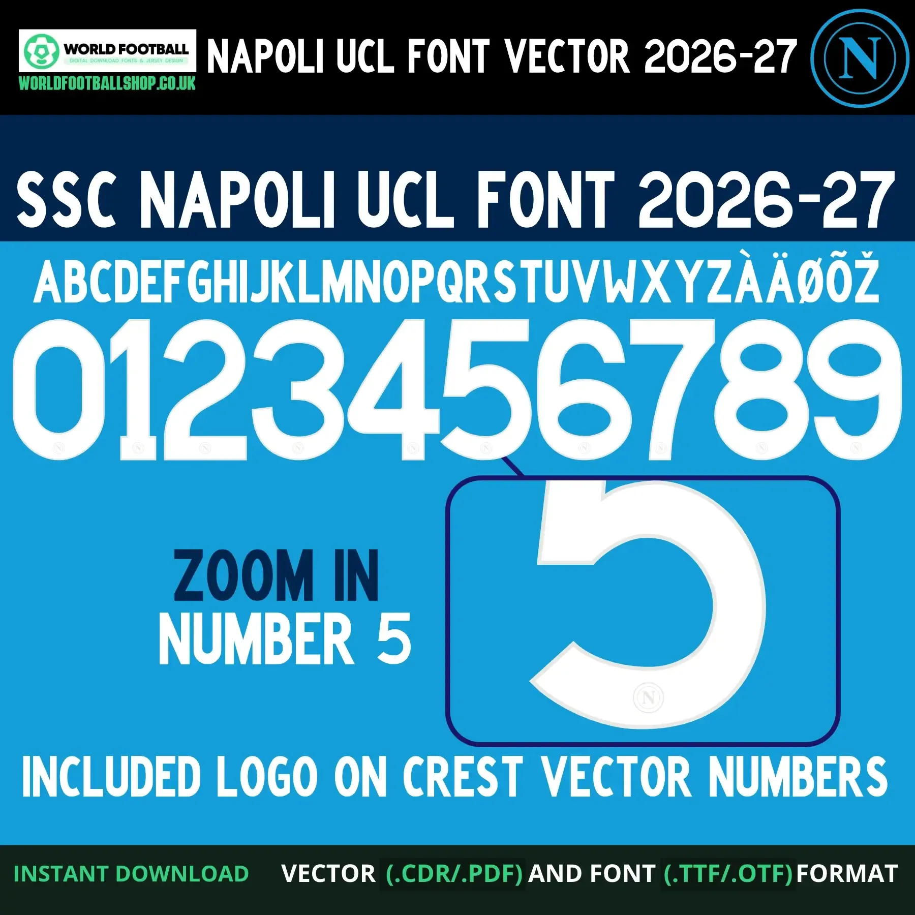 SSC Napoli Font UCL 2026-27 - Hojlund 19 player name and number on sky blue Napoli kit background with crest
