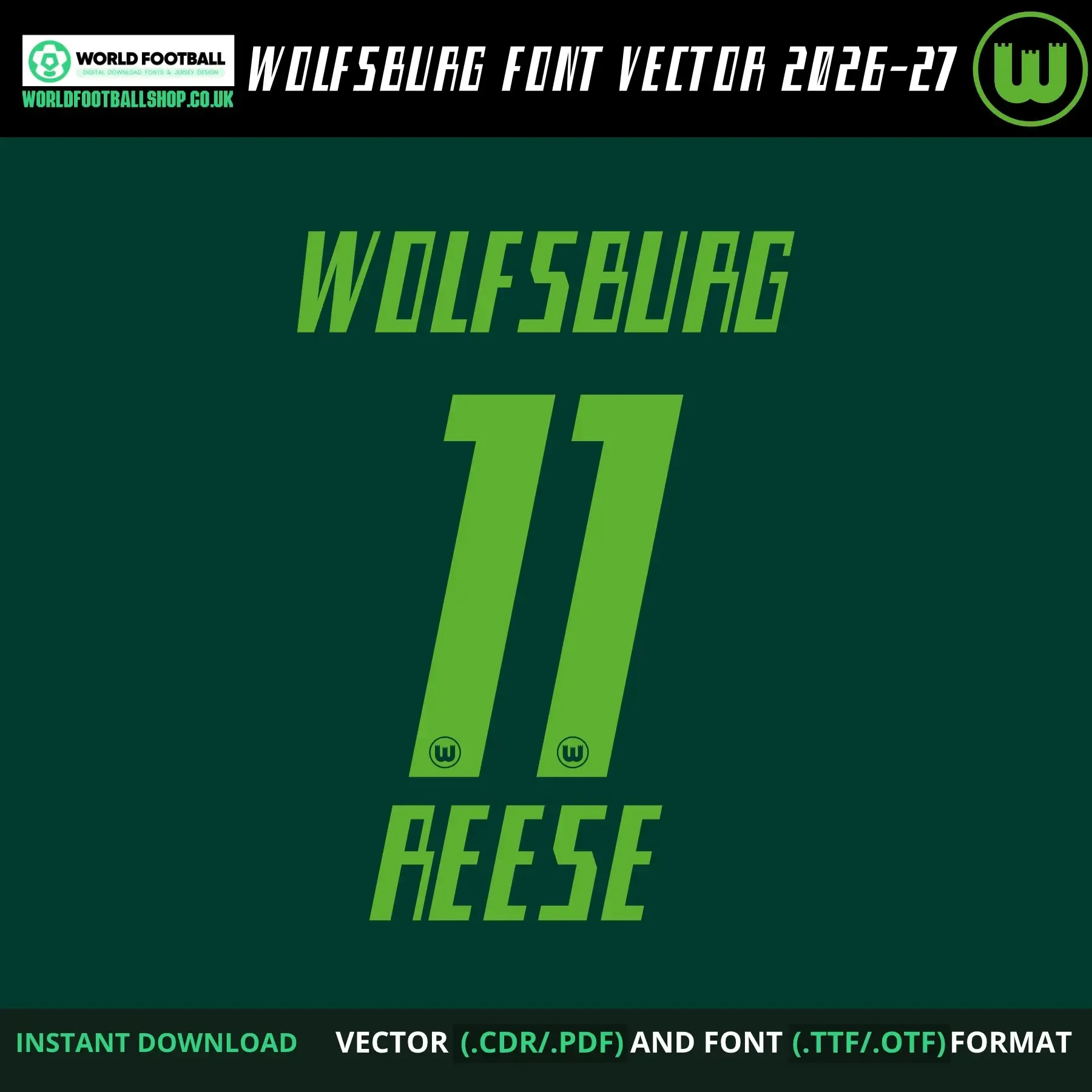 VfL Wolfsburg football font vector - Reese 11 player name and number example on dark green background