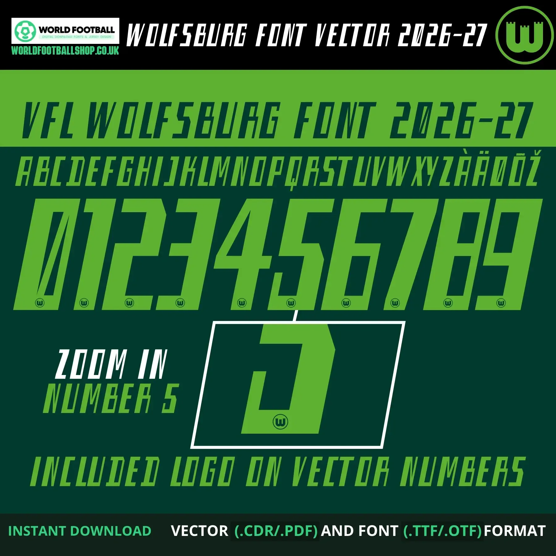 VfL Wolfsburg football font vector - full alphabet, numbers 0–9 and zoomed crest logo detail on number 5