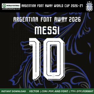 Argentina Away World Cup 2026 font Messi 10 name and number example on black away kit mockup vector download