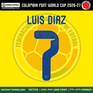 Colombia World Cup 2026 font Luis Diaz 7 name and number example blue on yellow kit Los Cafeteros mockup vector download