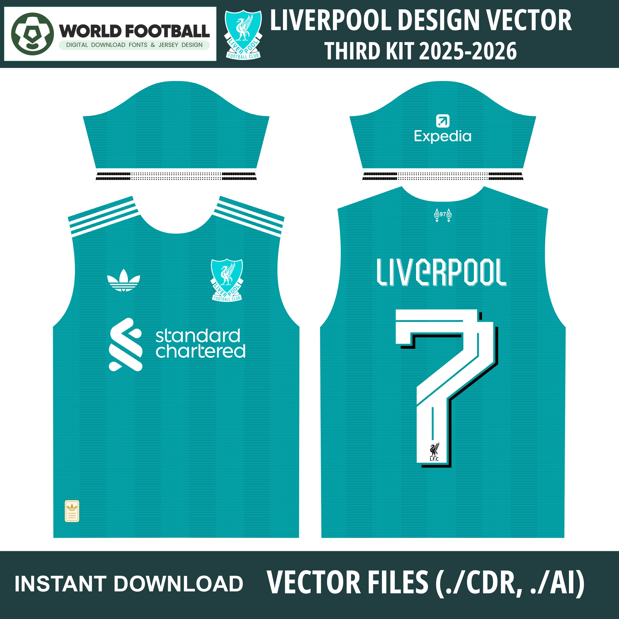 Liverpool 2025/26 third kit vector design with sea green stripes Trefoil logo for sublimation printing
