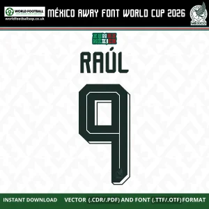 Mexico Away World Cup 2026 font RÚAL 9 name number example green El Tri away kit style