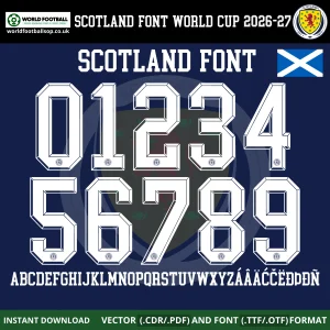 Scotland Font World Cup 2026 home kit numbers 0-9 white on navy full alphabet TTF OTF CDR PDF