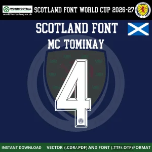 Scotland Font World Cup 2026 McTominay 4 nameset example white on navy Tartan Army style