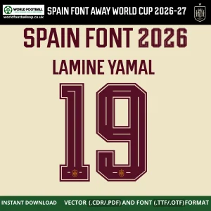 Spain Away World Cup 2026 font example name and number 19 in dark red on cream away kit style