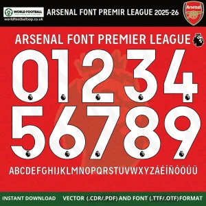 Arsenal font 2025/26 Premier League home kit numbers 0-9 white on red full A-Z alphabet download
