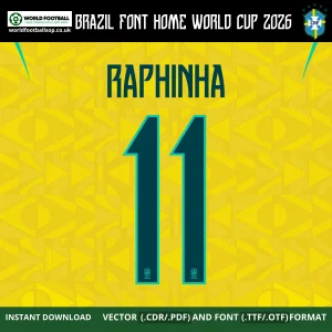 Brazil Font Home World Cup 2026 Raphinha 11 teal on yellow Seleção Brasileira home kit font TTF OTF CDR PDF download – Brazil Font Home World Cup 2026