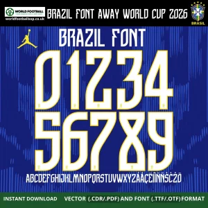 Brazil Font Away World Cup 2026 numbers 0-9 white-yellow outline on blue full A-Z alphabet – Brazil 2026 away kit font