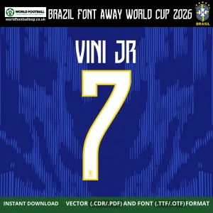 Brazil Font Away World Cup 2026 Vini Jr 7 white on blue full nameset TTF OTF CDR PDF download – Brazil Font Away World Cup 2026