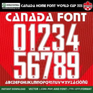 Canada Home Font World Cup 2026 full white numbers 0‑9 and alphabet on red maple leaf home kit background