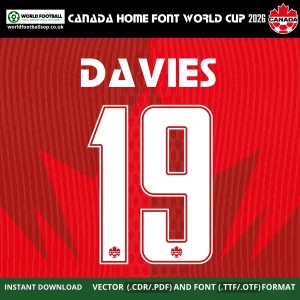 Davies 19 in Canada Home Font World Cup 2026 white stencil numbers on red Canada home kit