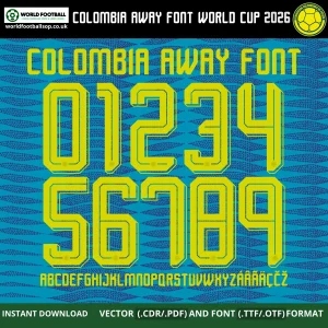 Colombia Away Font World Cup 2026 yellow numbers 0-9 on Adidas navy away kit texture