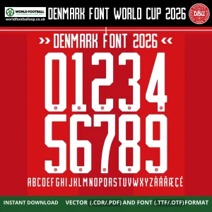 Denmark Font World Cup 2026 numbers 0-9 white on red full A-Z alphabet TTF OTF CDR PDF download – Denmark 2026 home kit font