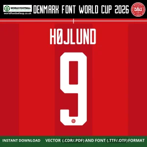 Denmark Font World Cup 2026 Hojlund 9 nameset example white on red DBU style – Hojlund Denmark font