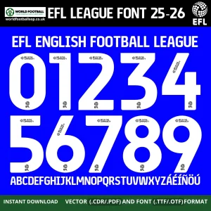 EFL English Football League font numbers 0-9 white on blue full A-Z alphabet TTF OTF CDR PDF download – EFL English Football League font