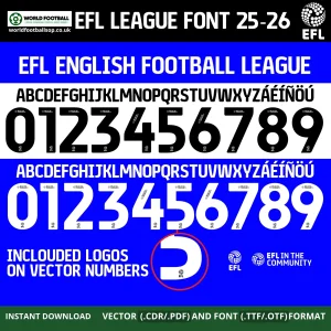 EFL English Football League font vector numbers with EFL Community logos included white/black on blue – Championship League One font 2025