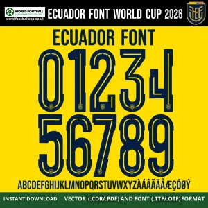 Ecuador Font World Cup 2026 numbers 0-9 navy on yellow full A-Z alphabet TTF OTF CDR PDF download
