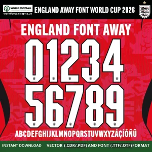 England Away Font World Cup 2026 white numbers 0-9 alphabet on red England away kit pattern