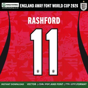 Rashford 11 England Away Font World Cup 2026 white stencil on Speed Red Nike England away jersey