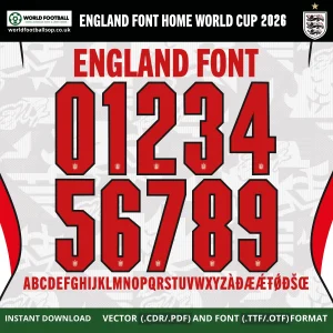 England Font Home World Cup 2026 vector numbers 0-9 red on white full A-Z alphabet Three Lions 2026 home kit font – England 2026 home kit font