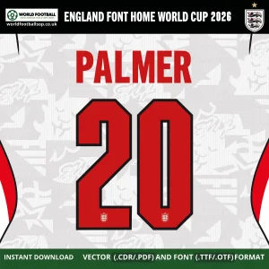 England Font Home World Cup 2026 Palmer 20 red on white Three Lions home kit font TTF OTF CDR PDF download – England Font Home World Cup 2026