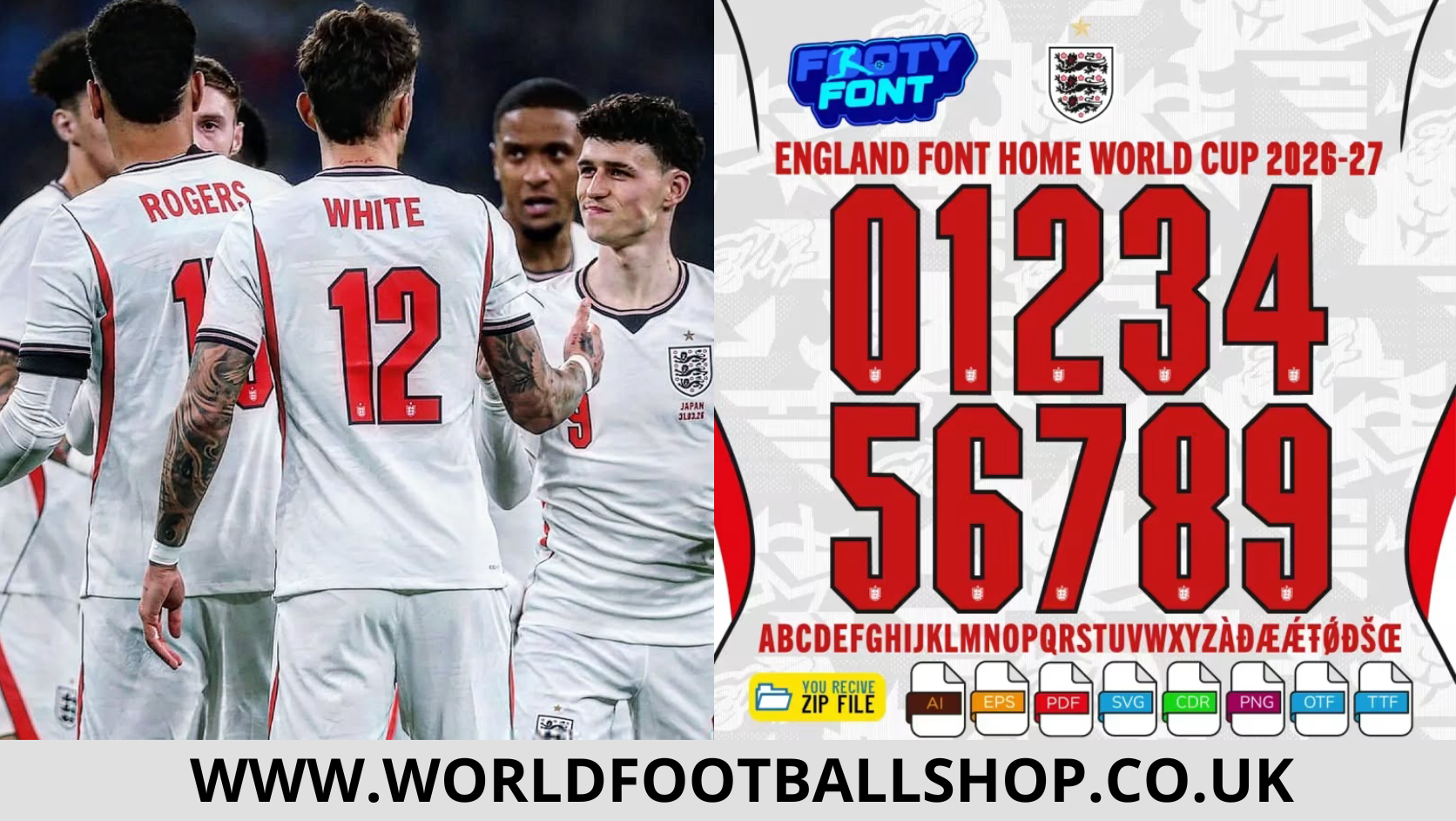 England home font World Cup 2026 – bold red numbers 0-9 and full alphabet on white home kit background with White 12 and Rogers jersey