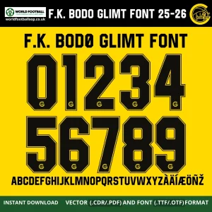 F.K. Bodø Glimt Font 2025-2026 UCL numbers 0-9 black on yellow full A-Z Nordic alphabet TTF OTF CDR PDF download – F.K. Bodø Glimt Font 2025-2026 UCL