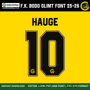 F.K. Bodø Glimt Font 2025-2026 UCL Hauge 10 nameset example black on yellow Champions League style – Hauge Bodo Glimt font