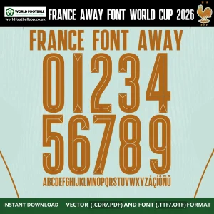 France Away Font World Cup 2026 orange-gold numbers 0-9 alphabet on mint green Nike Les Bleus away kit