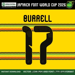 Jamaica Font World Cup 2026 Burrell 17 nameset example black on yellow Bob Marley style – Burrell Jamaica font
