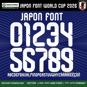 Japan Font World Cup 2026 numbers 0-9 white on navy full A-Z alphabet TTF OTF CDR PDF download – Japan 2026 home kit font