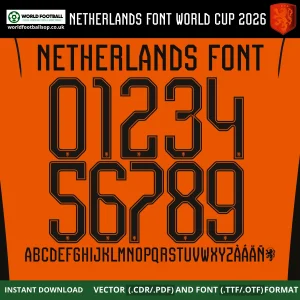 Netherlands Font World Cup 2026 vector numbers 0-9 black on orange full A-Z alphabet Oranje 2026 home kit font - Oranje 2026 home kit font