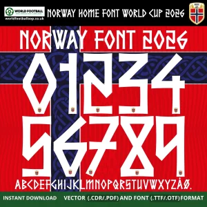 Norway Home Font World Cup 2026 – bold white numbers 0–9 on red and blue Nordic kit background vector CDR PDF TTF OTF