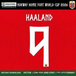 Norway Home Font World Cup 2026 – Haaland 9 player name and number on red Norway home jersey